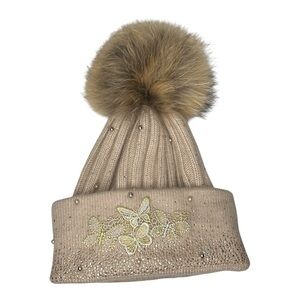 Woody & Blue Bespoke Milinary Cashmere and fur beaded embroidered hat. Size